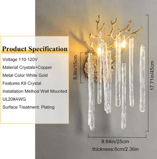 Ice Strip Crystal Gold Wall Sconce for All Rooms 17.7"H